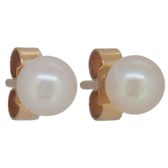 A pair of modern, yellow gold, cultured pearl set stud earrings