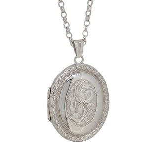 A modern, silver, fully engraved oval locket & chain