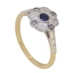 A mid-20th century, 18ct yellow gold, sapphire & diamond set cluster ring