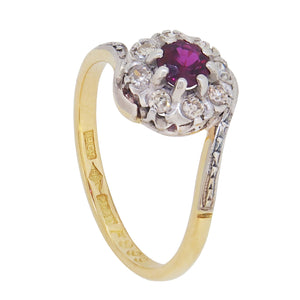 A mid-20th century, 18ct yellow gold & platinum, ruby & diamond set cluster crossover ring