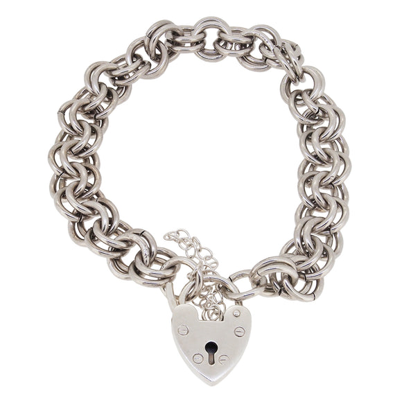 A modern, silver, double twist cub link padlock bracelet