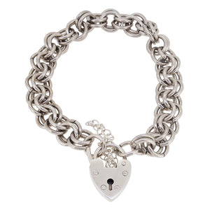 A modern, silver, double twist curb link bracelet with a padlock clasp