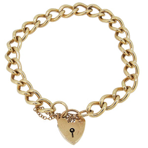 A modern, 9ct yellow gold, curb link bracelet with a padlock clasp