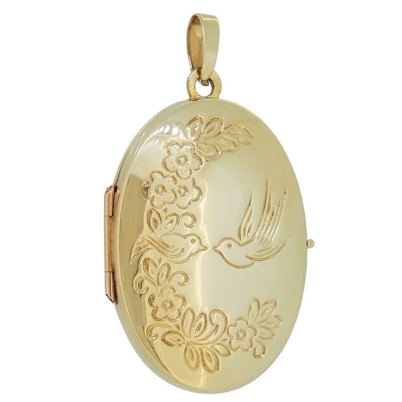 A modern, 9ct yellow gold, oval locket, engraved with birds & flowers