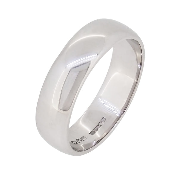 A modern, 9ct white gold, D shaped wedding ring