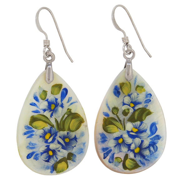 A pair of mid-20th century, silver, mother of pearl set drop earrings with a printed floral design
