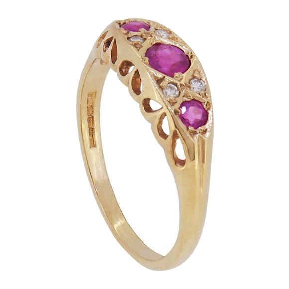 A modern, 9ct yellow gold, ruby & diamond set, seven stone, half hoop ring