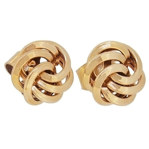 A pair of modern, 9ct yellow gold, flat, knot stud earrings