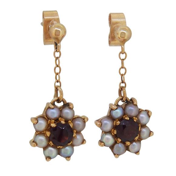 A pair of mid-20th century, 9ct yellow gold, garnet & pearl set cluster drop earrings
