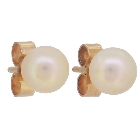 A pair of modern, 9ct yellow gold, cultured pearl set stud earrings