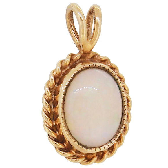 A mid-20th century, yellow gold, opal set, single stone pendant with a cord border