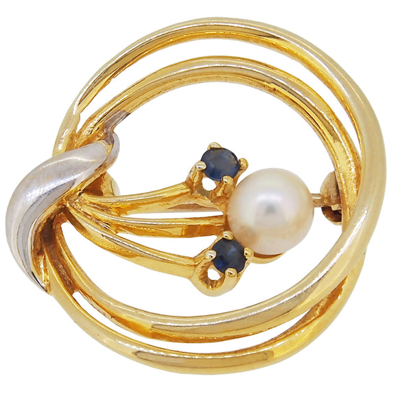 A modern, 9ct yellow & white gold, sapphire & pearl set, floral circular brooch