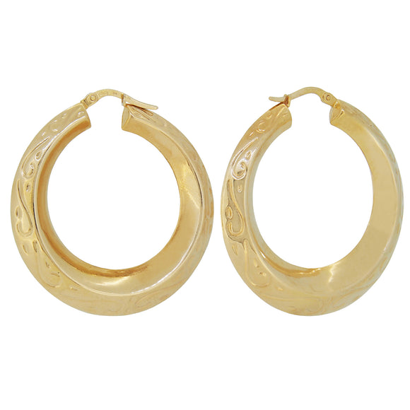 A pair of modern, 9ct yellow gold, large, chased hoop earrings