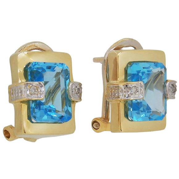 A pair of modern, blue topaz & diamond set, rectangular stud earrings
