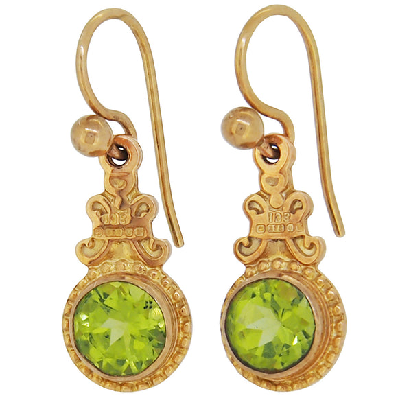 A pair of modern, 9ct yellow gold, peridot set drop earrings