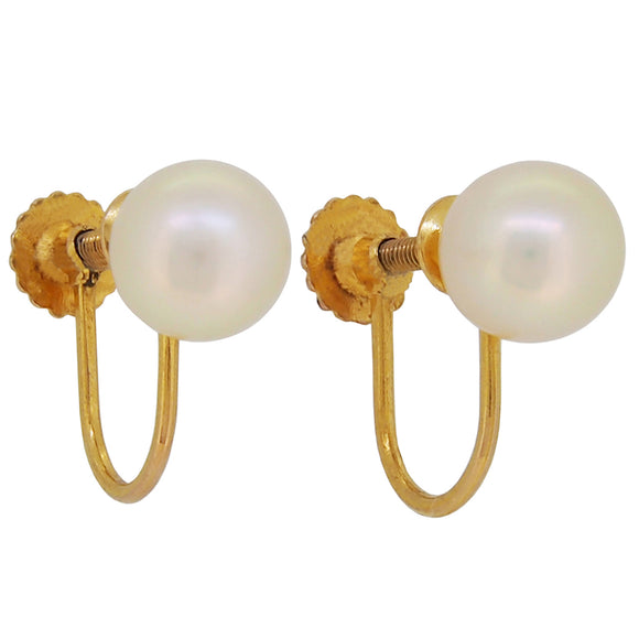 A pair of modern, 9ct yellow gold, pearl set screw on earrings