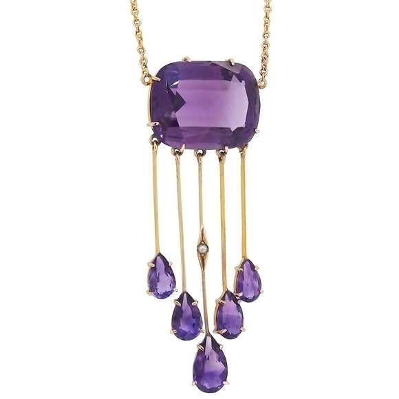 An Edwardian, 15ct yellow gold, amethyst & seed pearl set necklace