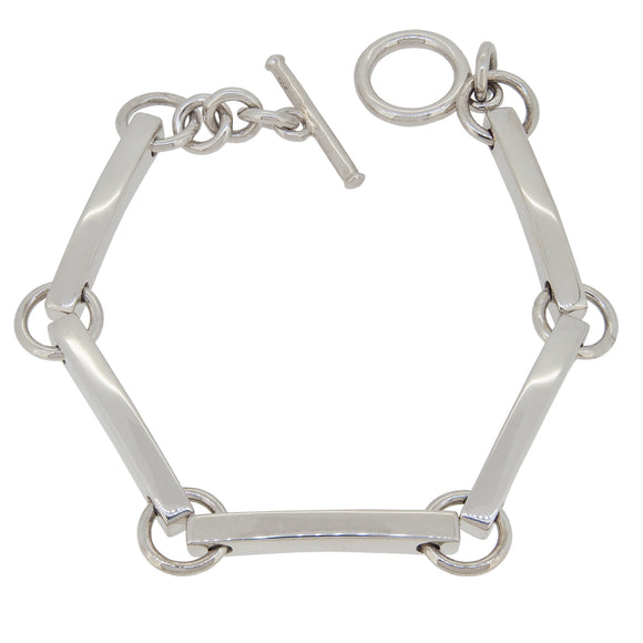 A modern, silver, solid, circular & bar link bracelet