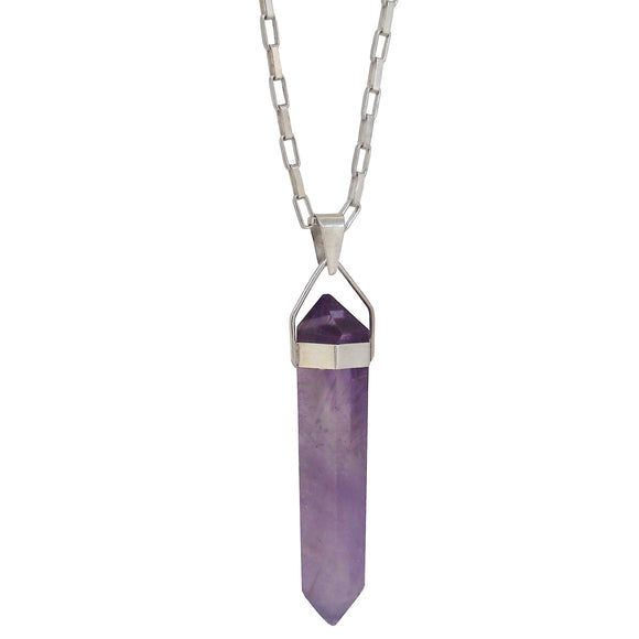 A modern, silver, amethyst quartz crystal set pendant & chain