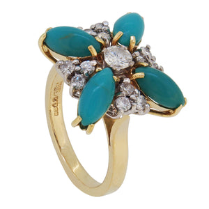 A modern, 18ct yellow gold, turquoise & diamond set cluster ring