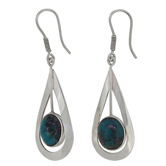 A pair of modern, silver, turquoise matrix set drop earrings