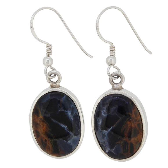 A pair of modern, silver, brown & blue agate set, oval drop earrings