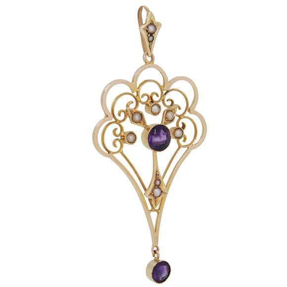 An Edwardian, 15ct yellow gold, amethyst & pearl set pendant