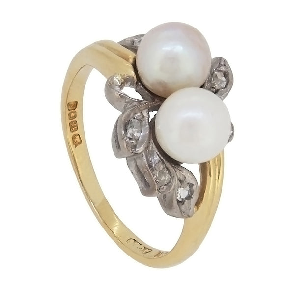 A mid-20th century, 18ct yellow gold, pearl & diamond set crossover ring