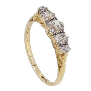 A Victorian, 18ct yellow gold, diamond set, five stone, carved half hoop ring