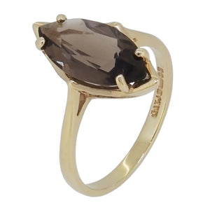 A modern, 9ct yellow gold, smoky citrine set navette ring