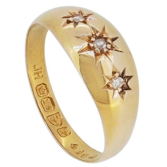 A Victorian, 18ct yellow gold, diamond gypsy set, three stone ring.