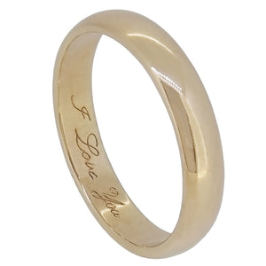 A modern, 9ct yellow gold wedding ring, with&nbsp;<em>I Love You</em> engraved on the inside edge