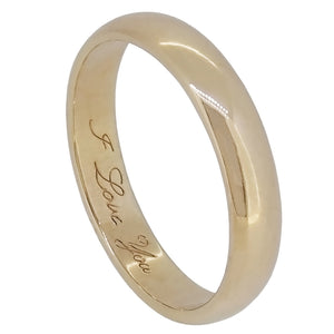 A modern, 9ct yellow gold wedding ring, with I Love You engraved on the inside edge