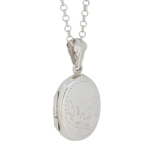 A modern, silver, engraved, oval locket & chain