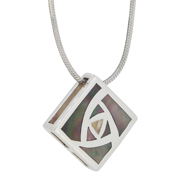 A modern, silver, mother of pearl set, abstract pendant