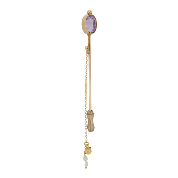 An early 20th century, 9ct yellow gold, amethyst & baroque pearl set stick pin