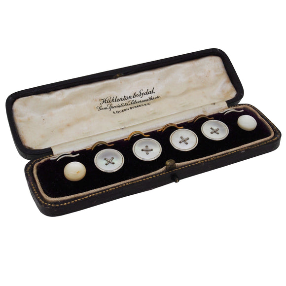 A set of early 20th century, 18ct yellow gold, mother of pearl set dress buttons & fitted case