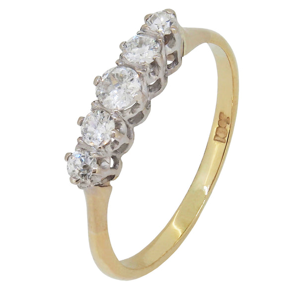 A mid-20th century, 18ct yellow & white gold, diamond set, five stone half hoop ring