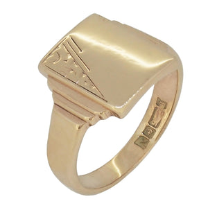 A modern, 9ct yellow gold, half engraved rectangular signet ring