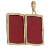 A modern, 9ct yellow gold, engraved rectangular locket open