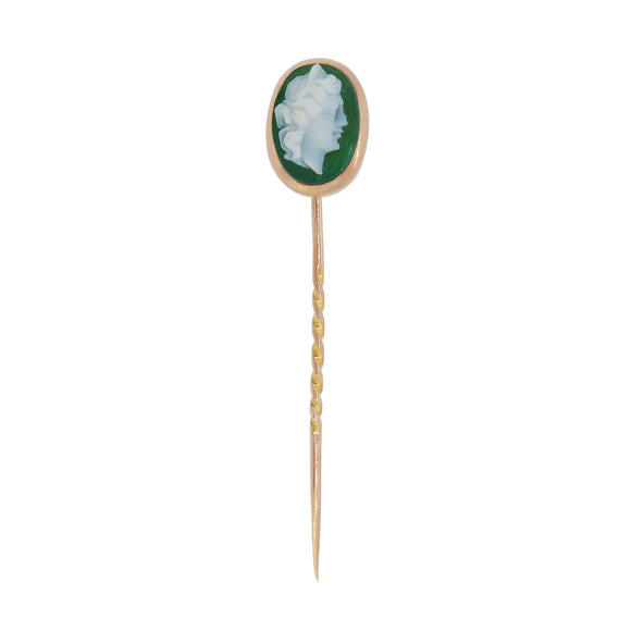 An early 20th century, yellow gold, green & white sardonyx set cameo stick pin