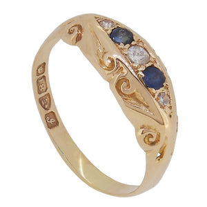 An Edwardian, 18ct yellow gold, sapphire & diamond set, five stone, boat shaped ring