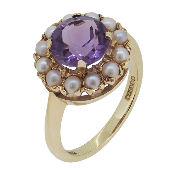 A mid-20th century, 9ct yellow gold, amethyst & pearl set cluster ring