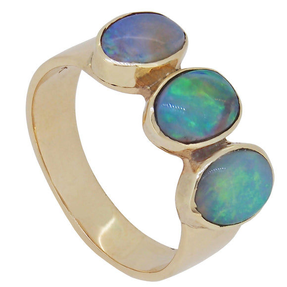 A mid-20th century, 14ct yellow gold, opal set, three stone ring