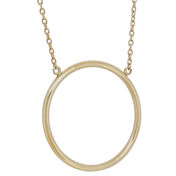 A modern, 9ct yellow gold, plain, open circle necklace