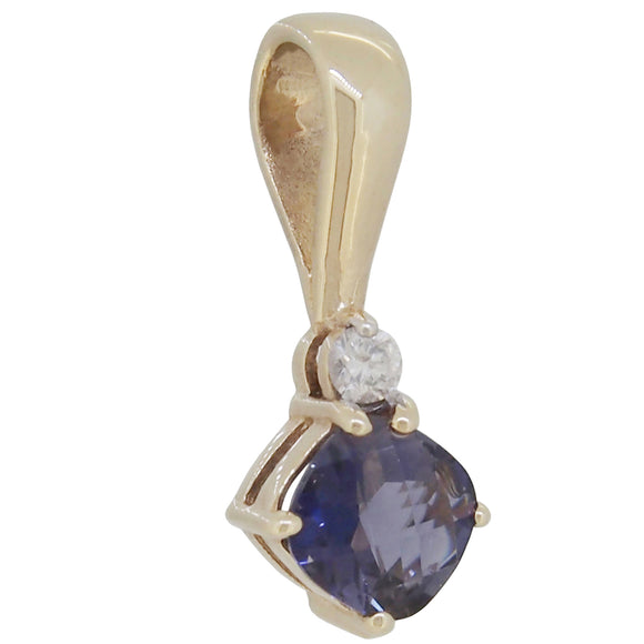 A modern, 18ct yellow gold, amethyst & diamond set pendant.