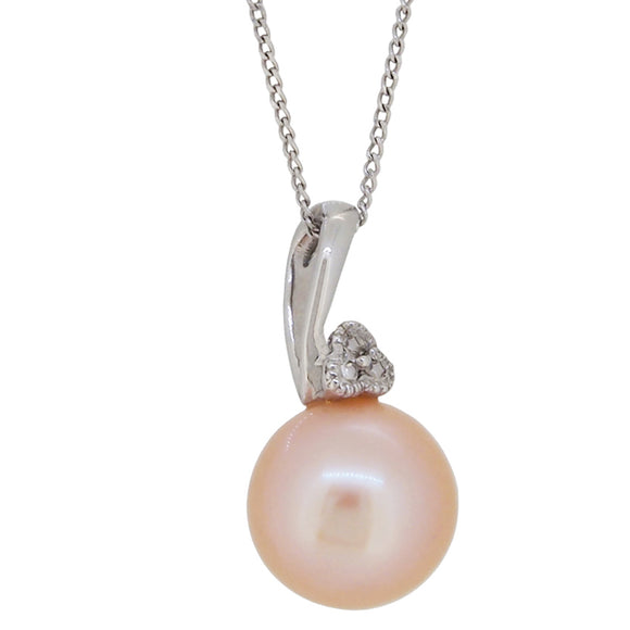 A modern, 14ct white gold, pearl & white gem set pendant & chain