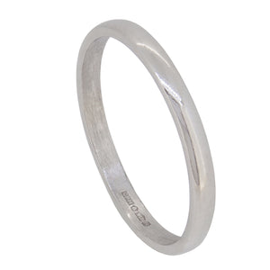 A modern, platinum, D shaped wedding ring