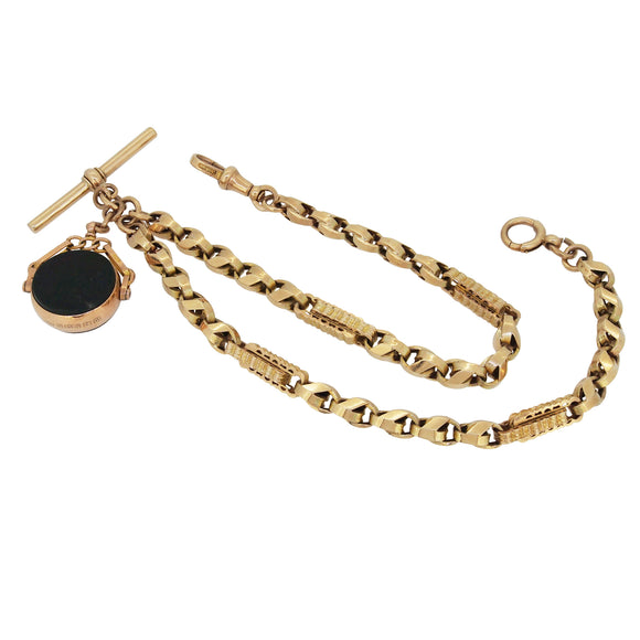 A Victorian, 9ct yellow gold, Albert Chain, with a 9ct yellow gold,  Brown Carnelian & Bloodstone set fob
