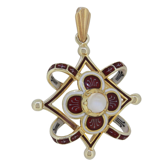 A modern, 9ct yellow gold & red & white enamel, moonstone set, pendant